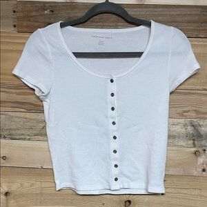 American Eagle size Medium White Short Sleeve Button-Up Waffle Knit Cropped Tee